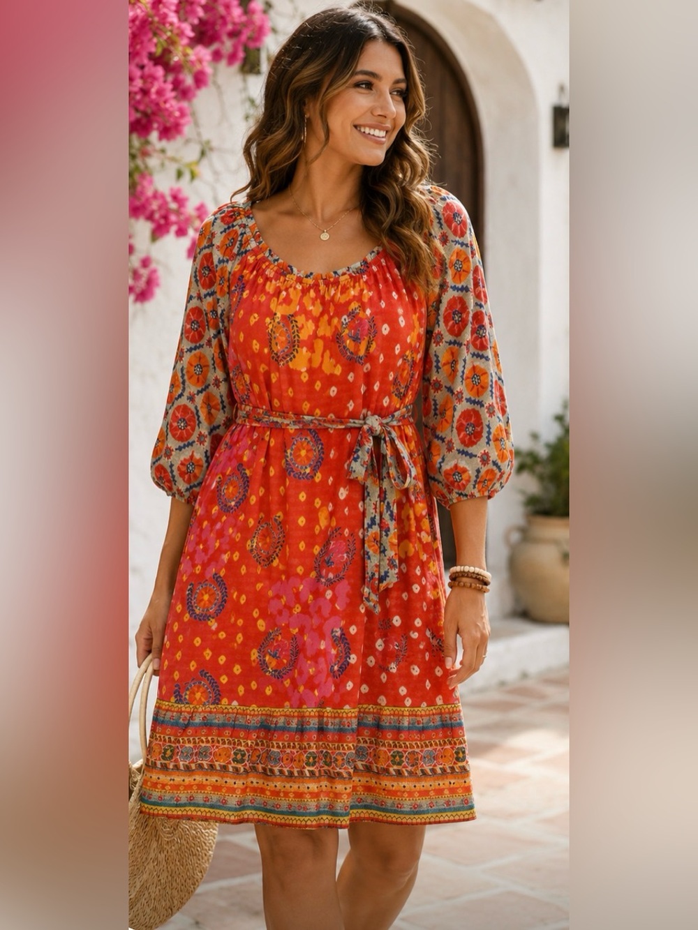 Lula Soul Boho Dress M Multicolor Floral Paisley 3/4 Sleeve Tie Belt Tunic